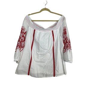 Lane Bryant Top Women 22 Red Off Shoulder Floral Smock Boho Western Hippie 80s